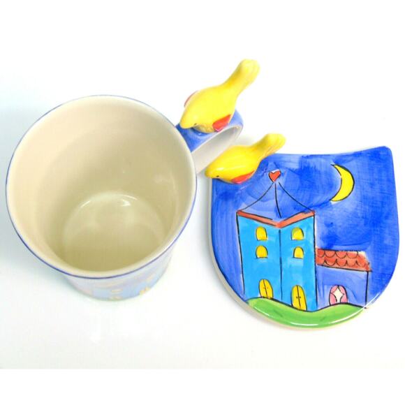 Herman Dodge & Son Coffee Mug Saucer Set Yellow Bird Tea Cup Coaster Plate Blue - Picture 6 of 8
